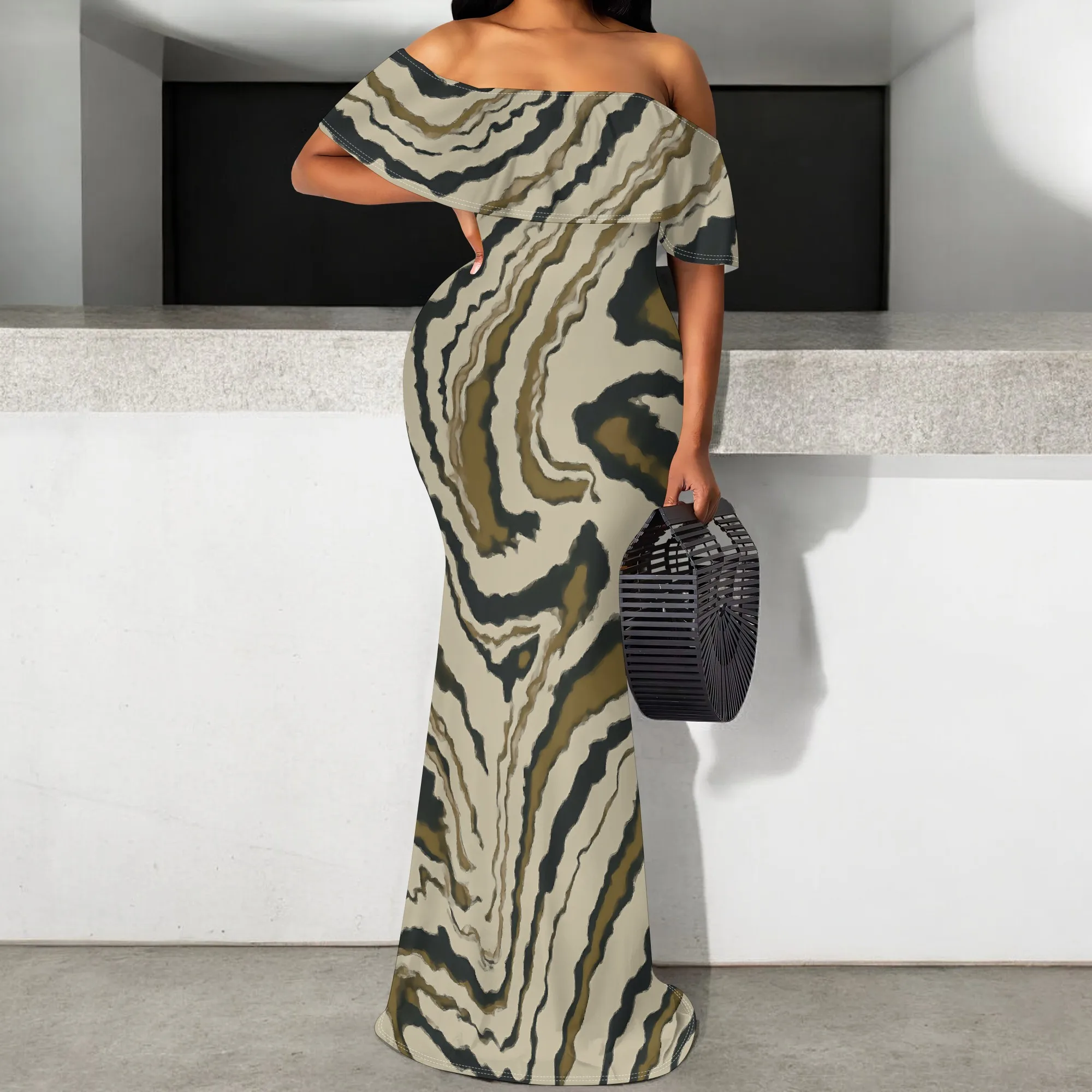

Plus Size S-3XL Off Shoulder Marble Print Maxi Dress for Women Elegant Summer Boho Evening Party Gown