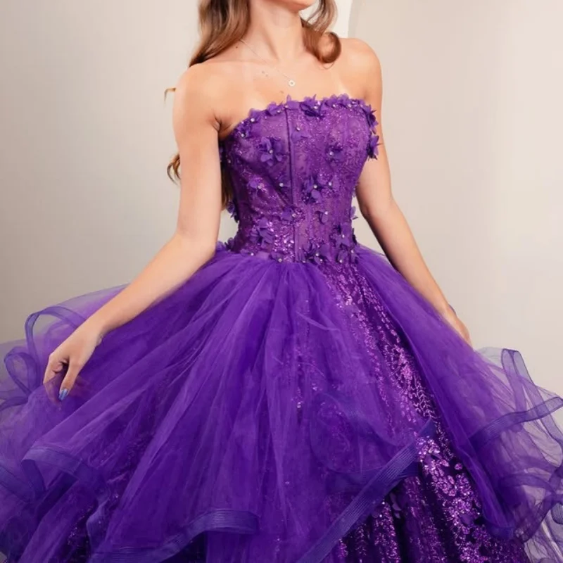 

Customized deep purple Quinceanera Dresses Off the Shoulder sequin flower 3D flower Long tail Vestido 15 Quinceanera