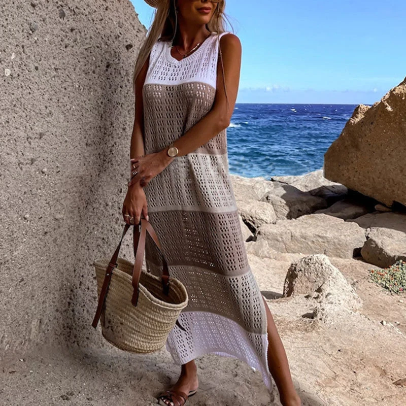Dame Casual O Neck Hohl Farbe Block Strickkleid Elegante Seite Split Lose Lange Kleid Sexy Ärmellose Weste Strand Cover Up Kleider