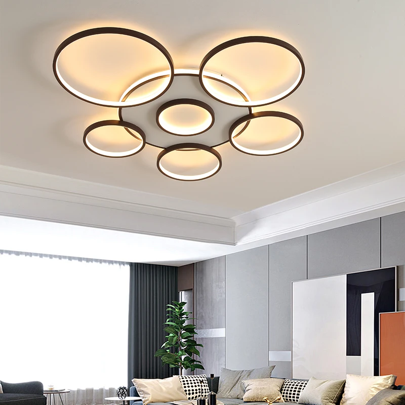 Modern 3/5/6 Rings LED Chandelier Wooden&Aluminum Lamp For Living Room Dining Room Study Bedroom Hall Home Indoor Lighting