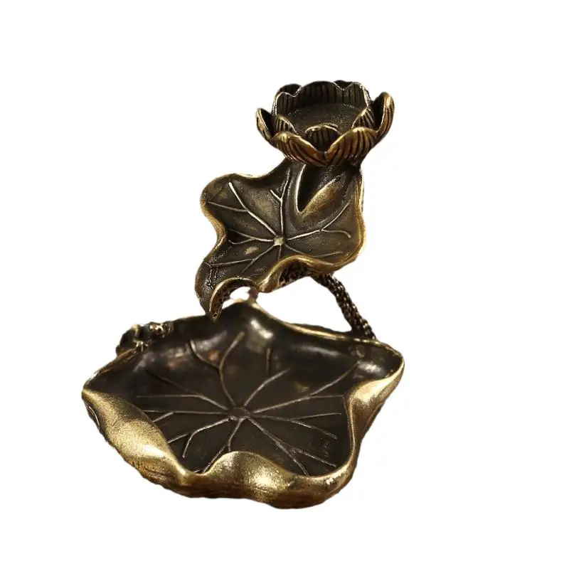 Copper Frog Lotus Pond Censer Holder Ornaments Tea Pets Antique Brass Lotus Leaf Backflow Incense Decorations Solid Pure
