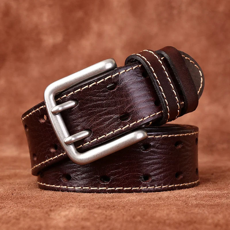 Retro, Fashionable, Personalized, Trendy, Hundred Head Layer Cowhide Double Needle Buckle Belt, Men's Genuine Leather Jeans, Men