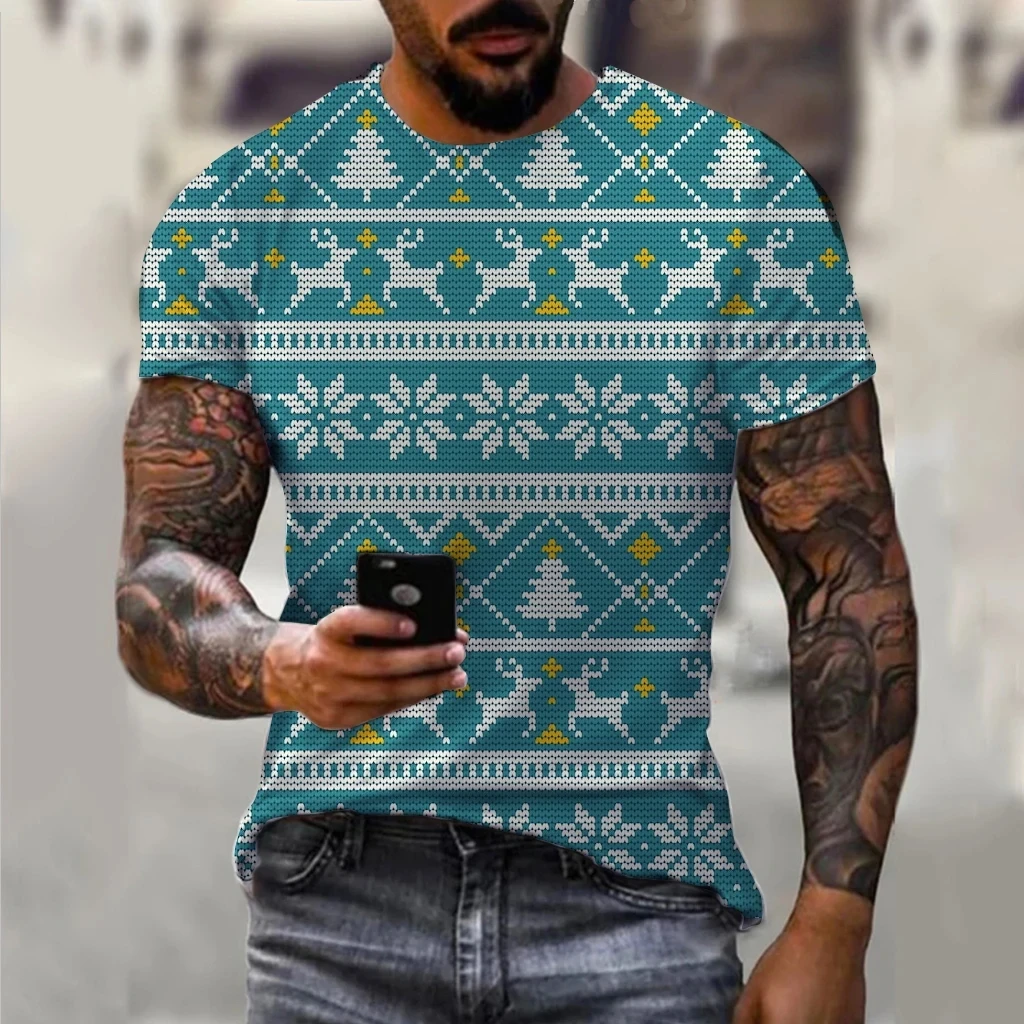 Carnival Party Hip Hop Men\'s Christmas Elf Santa Claus Printed T-shirt Fashion Trend Round Neck Loose Street Party Men\'s Round N