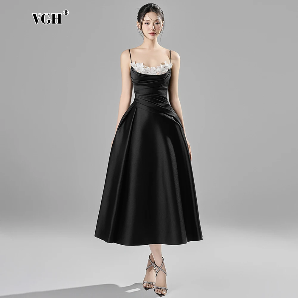 

VGH Spliced Floral Lace Evening Dresses For Women Square Collar Sleeveless Backless High Waist Elegant Folds Dress Female New