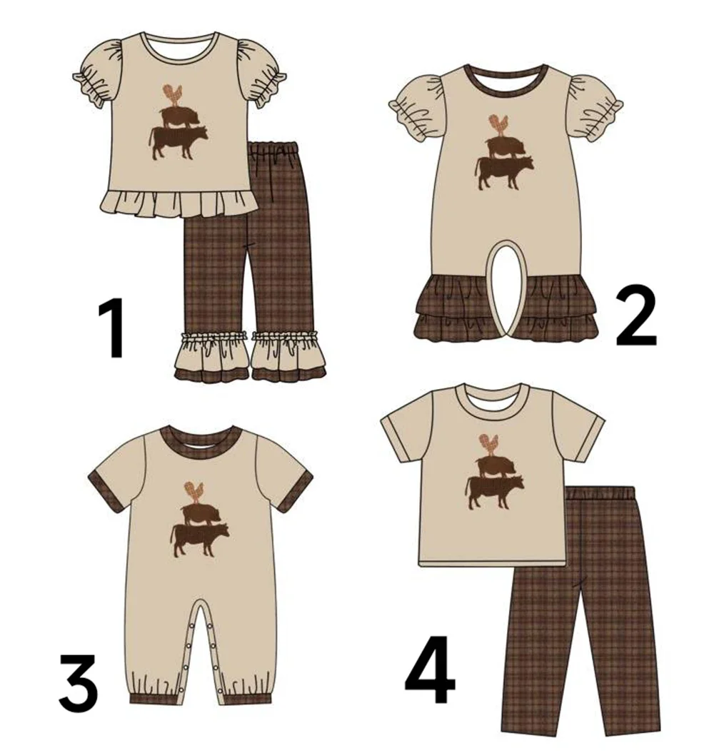 

Boy Girls Matching Suit Brown Clothes Short Sleeve Long Pants Animal Print Toddler Jumpsuit Customized Milk Silk