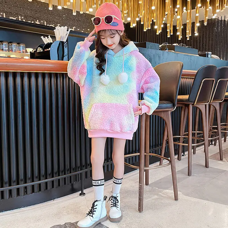 3-8-10-14 Girls sweater clothes winter and spring hoodie Korean version children\'s hoodie thickened fleece sweater mid-length