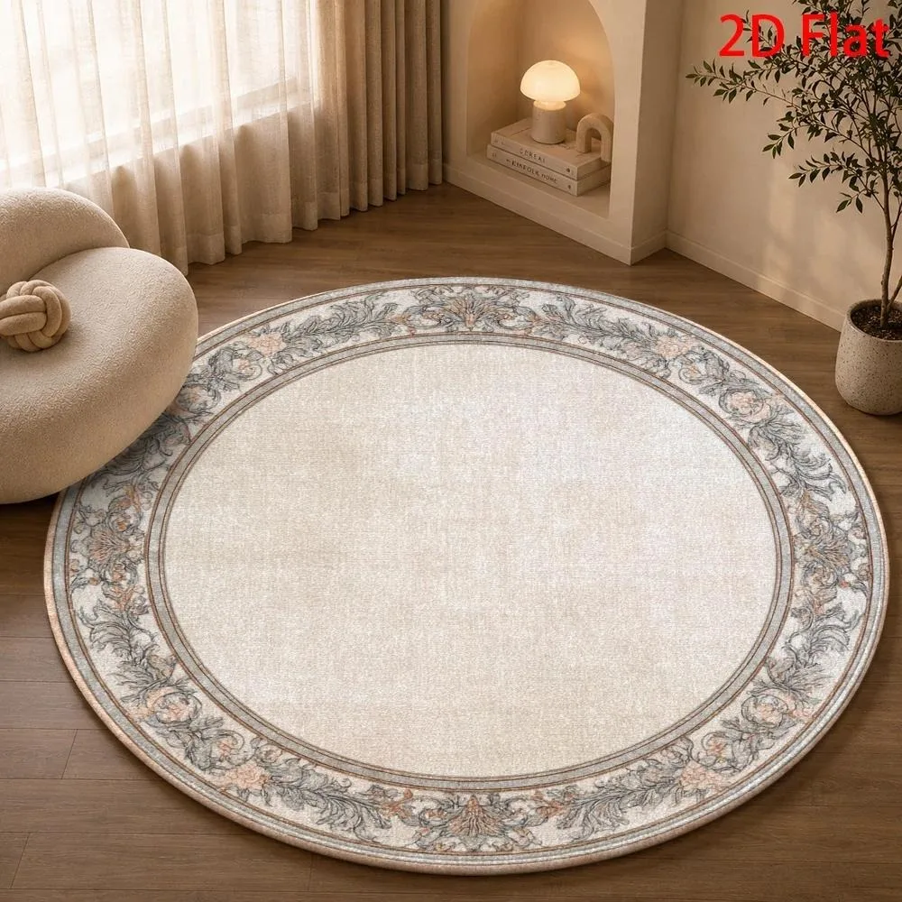 Cream Grey Blue Floral Border Round Area Rug Non Slip Floor Mat Washable Carpet For Elegant Vintage Living Room Bedroom Decor