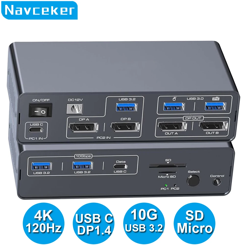 Navceker USB 3.2 USB C Displayport KVM Switch 4K 120Hz 1 Laptop Destop 2 Monitor Type C ThunderBolt KVM Switch for Macbook 2 PC