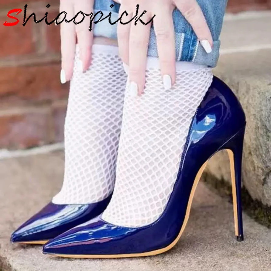 

Dark Blue Fashion Woman Super High Heels Glossy Patent Pumps Sexy Stilettos Dress Party Comfortable Pointed toe Ladies Shoes