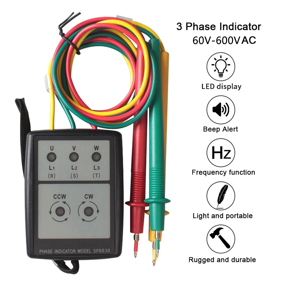 Non-Contact Phase Sequence Detector AC 60~600V Non-Contact Phase Sequence Detector Magnetic Base Phase Meter