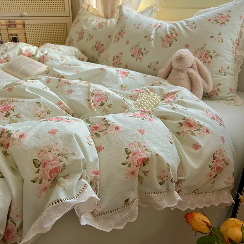 Washed Cotton Duvet Cover Sets Single/Queen/King Flower Printed Bedding Set Princess Style E Housse De Couette 220x240 with Lace