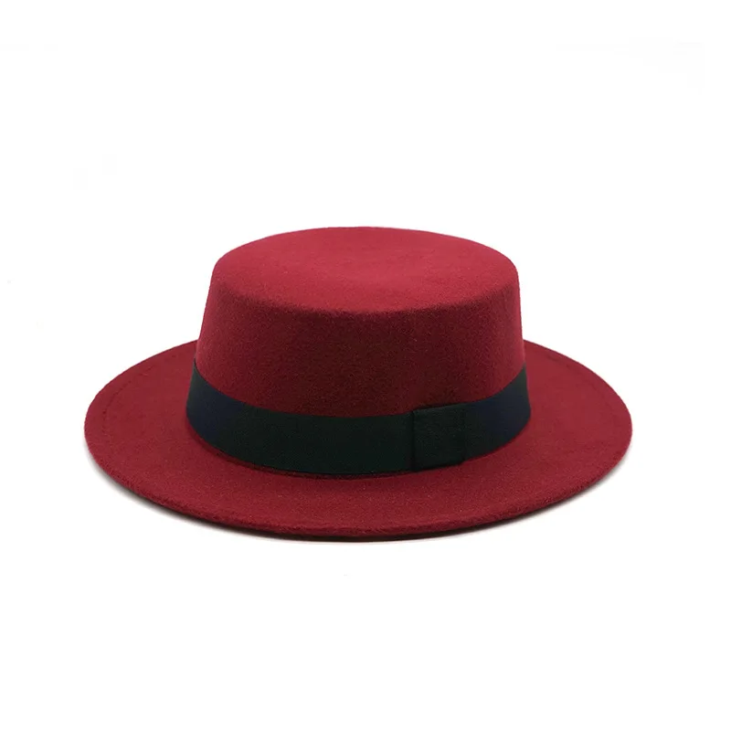 

New Wool Boater Flat Top Hats for Women's Felt Retro British Style Wide Brim Fedora Hat Autumn Winter Jazz Cap Classic Bowler