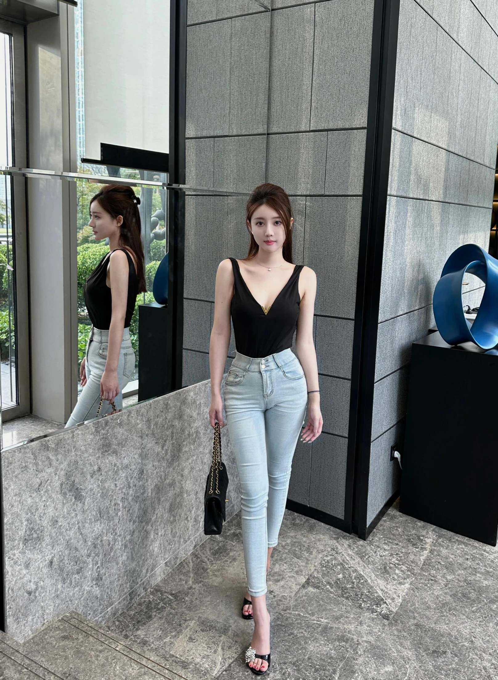 

Джинсы с широкими штанинами, удлиненные, с эффектом увеличения объема бедер, корейская модель, прямые, облегающие, с высокой талией, из денима