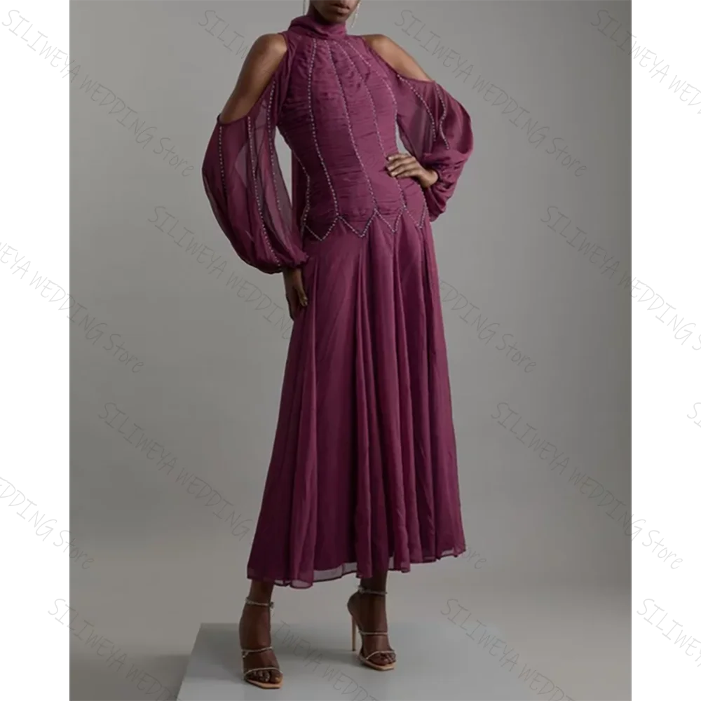 

Hot Selling High Neck Evening Gowns Long Sleeves Prom Dresses Knee Length Women Formal Wear Robe De Soiree