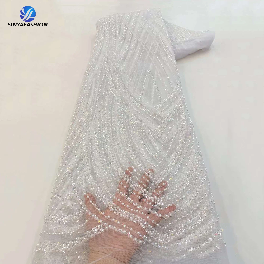 Sinya French Net Embroidery Tulle Lace Fabric 2024 High Quality Navy Blue African White Gold Luxury Hand Beaded Wedding Lace