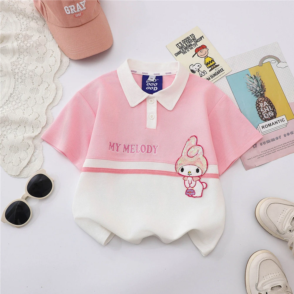 2Pcs Girl's Summer Suit My Melody Anime Sanrios Kawaii Cartoon Fashion Lapel Collar Polo Shirt Shorts Sequin Casual Sports Top