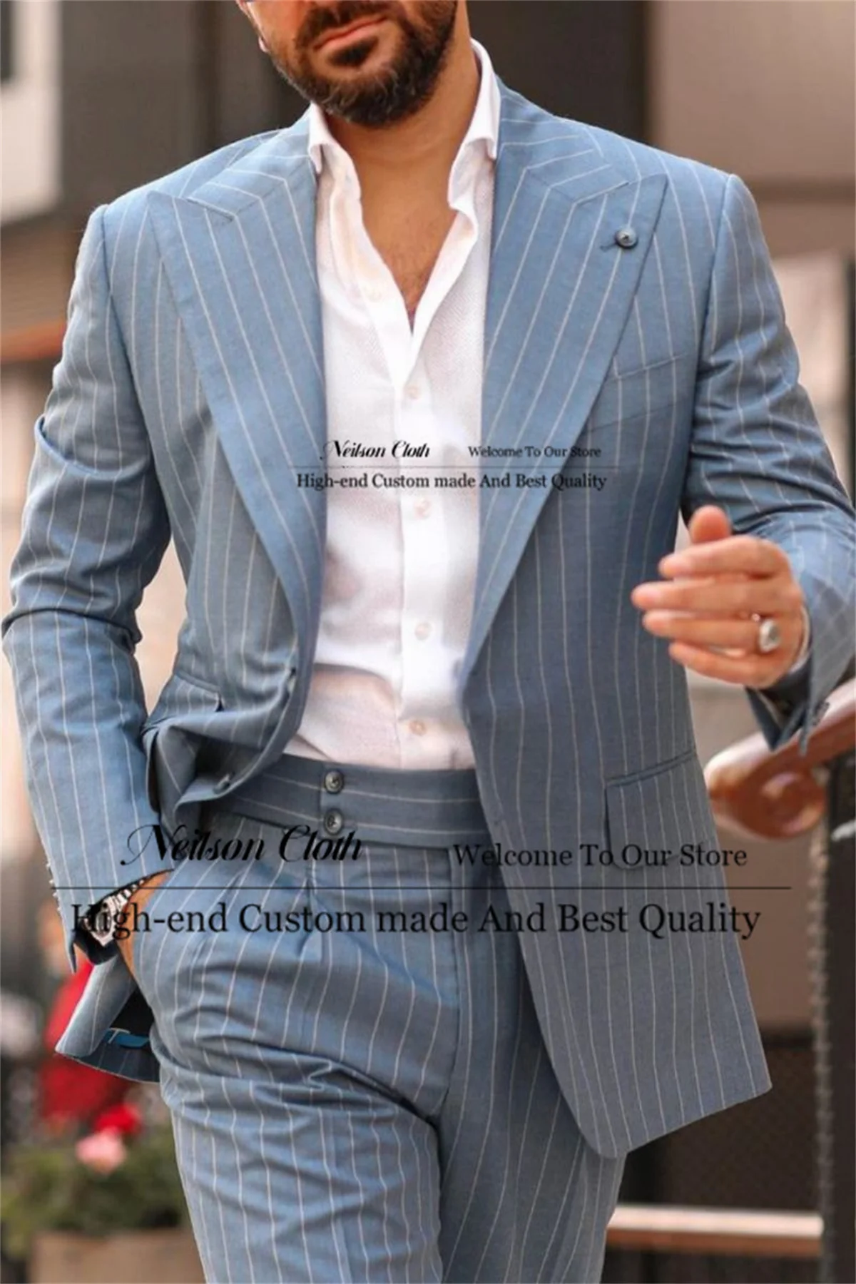 

Business Sky Blue Male Prom Blazers 2 Pcs Sets Stripe Groom Wedding Tuxedos For Men Peaked Lapel Customized Terno Masculino