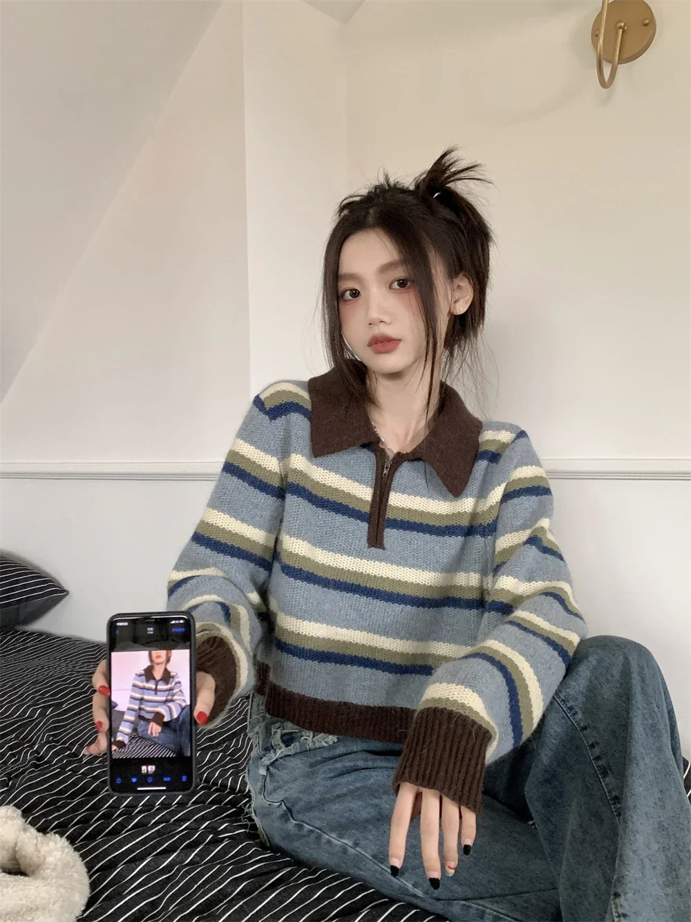 

Осенние новые винтажные вязаные пуловеры, женские свободные тонкие пуловеры в полоску контрастного цвета, женские синие корейские повседневные пуловеры, новые