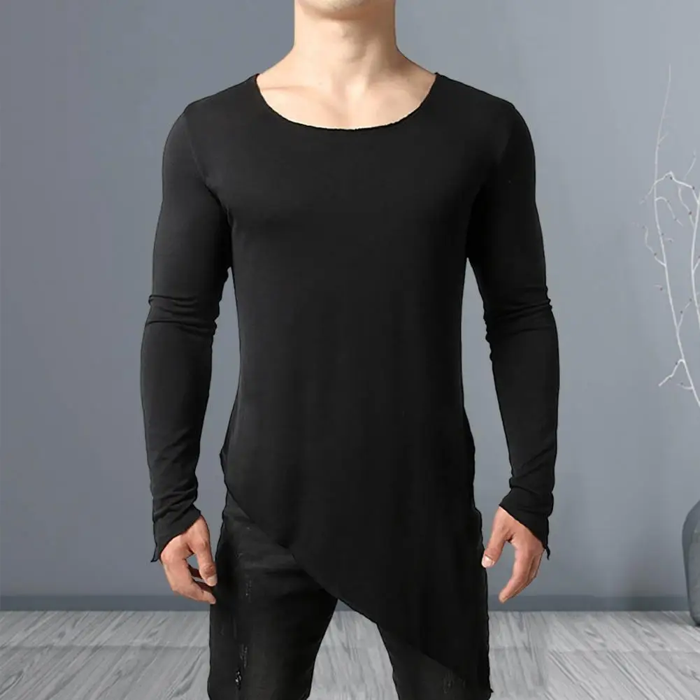 Side Split Long Style Men T-shirt Long Sleeve Irregular Hem Round Neck T-shirt Breathable Simple Style Bottoming Autumn Tees