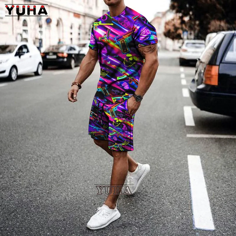 YUHA,Men\'s Vintage Streetwear 3D Printed T-shirt For Man High Quality Summer Tshirt Shorts Two Pieces Set Tracksuit Oversized Cl