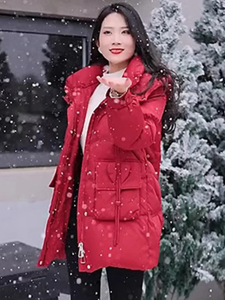 

Women's down Cotton Jaet 2026 Winter Thiened Mid-Length Hooded Coat Bread Sle Outerwear Retro Commute Pure Color
