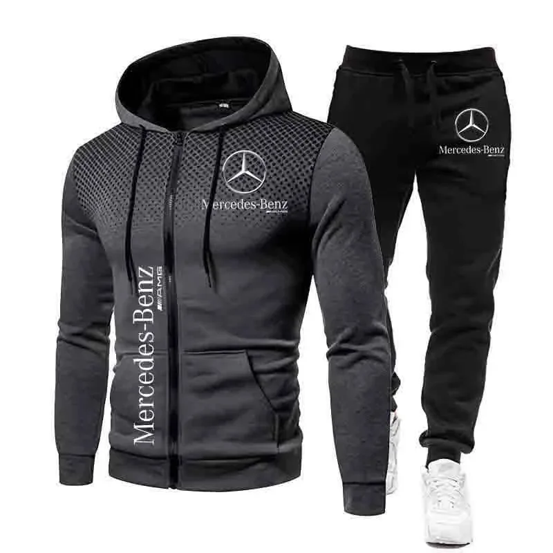 

Mercedes-benz Men's casual polyester hooded jacket set: Hooded, full zipper front pocket with zipper, warm wool lining, solid co