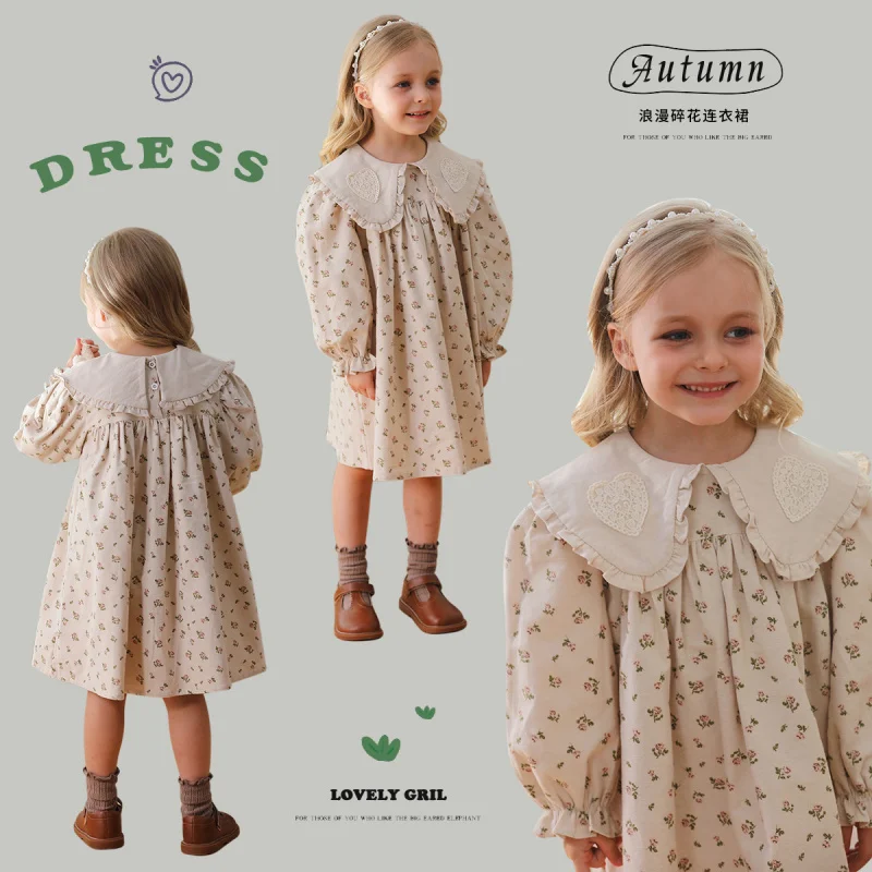 

Lapel Print Lace Girls Dress2024Autumn New Long Sleeve Sweet Children's Princess Dress Cotton