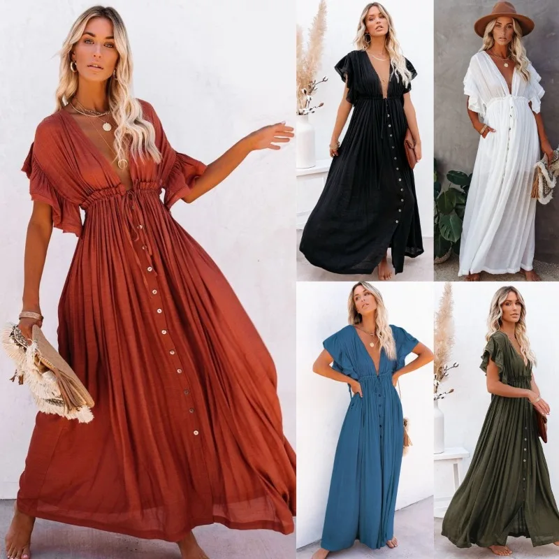 

Fashion Solid Maxi Dresses Women Ruffles Short Sleeve V Neck High Waist Beach Dress 2025 New Vacation Casual Vintage Cover-ups