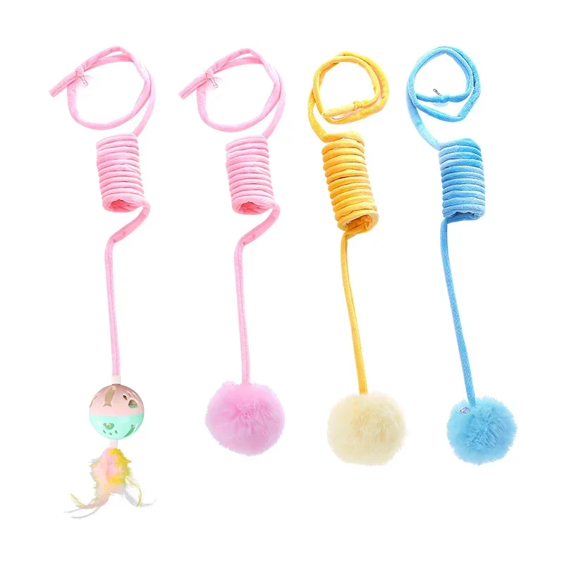 Cat Toy Self Hi Suction Cup Spring Rabbit Hair Ball Cat Playing Stick Retractable Suspension Swinging Cat Toy Pet  Supplies