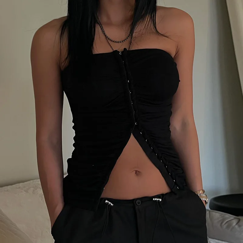 

Женская плиссированная кофта на одно плечо, Повседневная пикантная тонкая кофта без бретелек, лето 2024