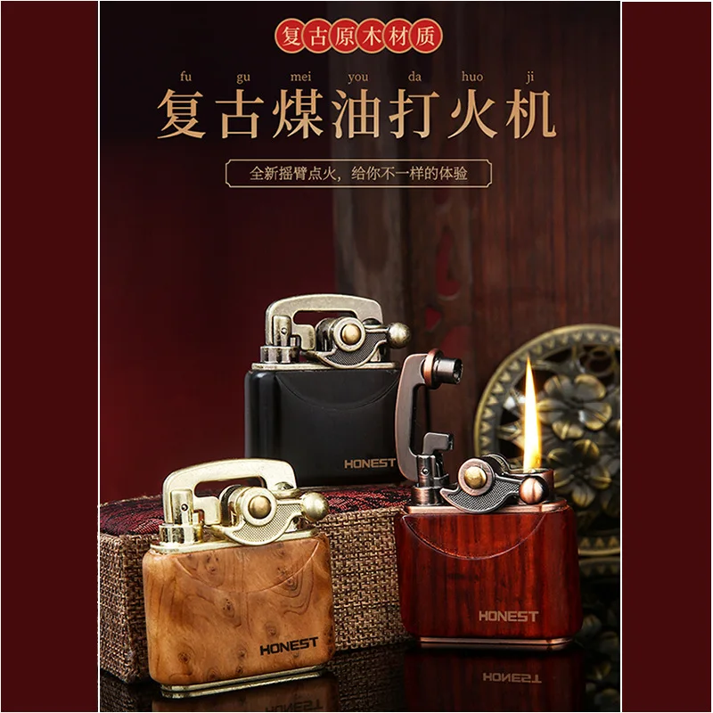 New Wooden Kerosene Rocker Lighter Retro Nostalgic Creative Personality Wood Grain Lighter Men\'s Gift Cigarette Accessories