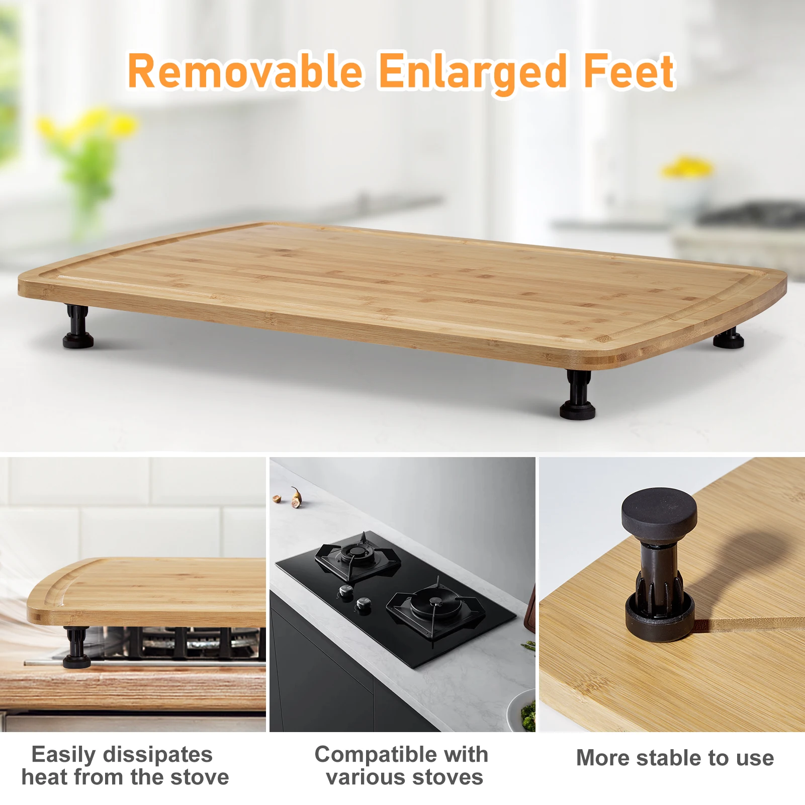 

30"x20" Noodle Board Stove Cover with Removable Legs, Countertop Bamboo Cutting Board, Wood Stove Top Covers for Stove Gas