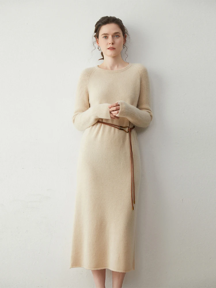 

Women's Autumn Winter Simple Long After-Swinging Skirt O-Neck Pullover 100% Cashmere Knitted Sweater Warm Soft Comfort Dress