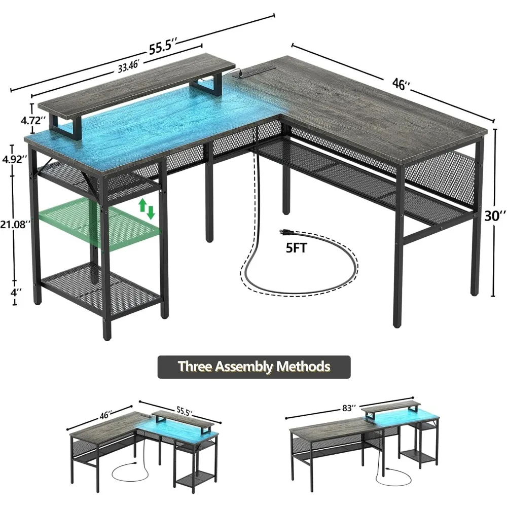 L Shaped Computer Desk with Magic Power Outlets and Smart LED Light, Reversible Office Corner Desks, Desk