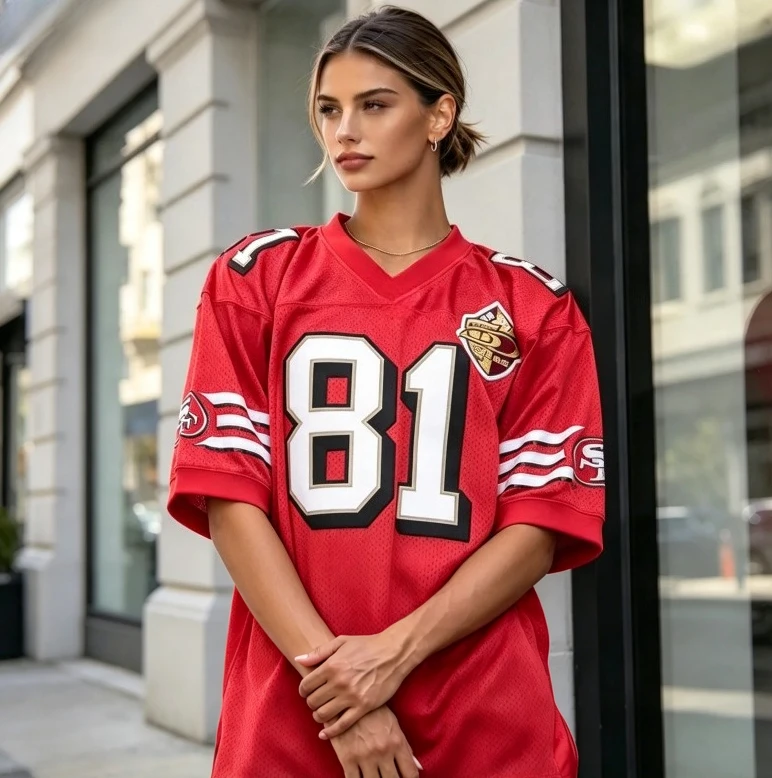 Women Vintage American Football Jersey Mesh V Neck  Number Print Short Sleeve Loose Oversized Streetwear Game Day Tops