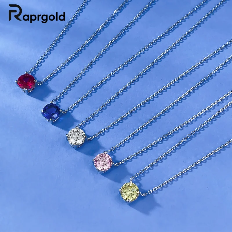 

RAPRGOLD Real S925 Sterling Silver Red White Zircon Round Pendant Necklaces for Women Silver Chains Wedding Fine Jewelry Gifts