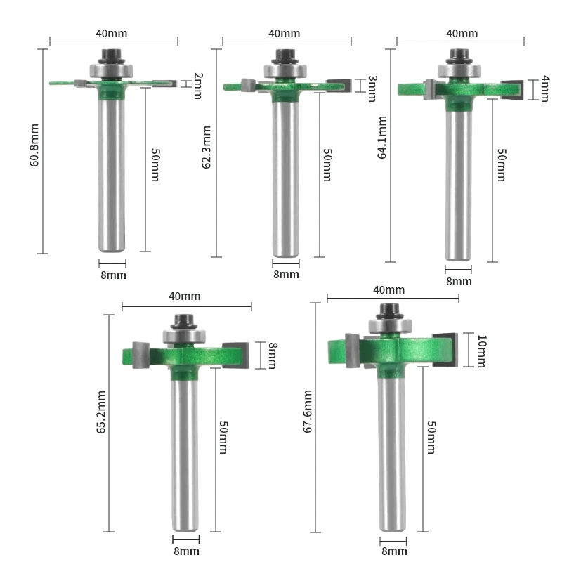 8MM Shank Green 3 Carbide T-Type Slotting Cutter Bit with Bearing Z3 Rabbeting Milling Cutters for Woodwork Face Mill End Mill