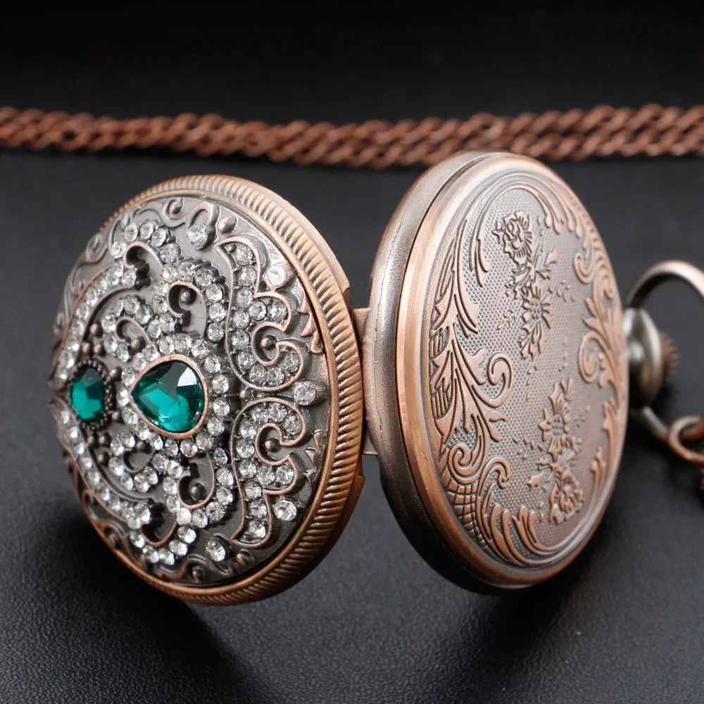 Luxury Emerald Gem Vintage Ladies Necklace Pocket Watch Digital Pendant Chain Clock Fashion Sculpture Women's Jewelry Gift