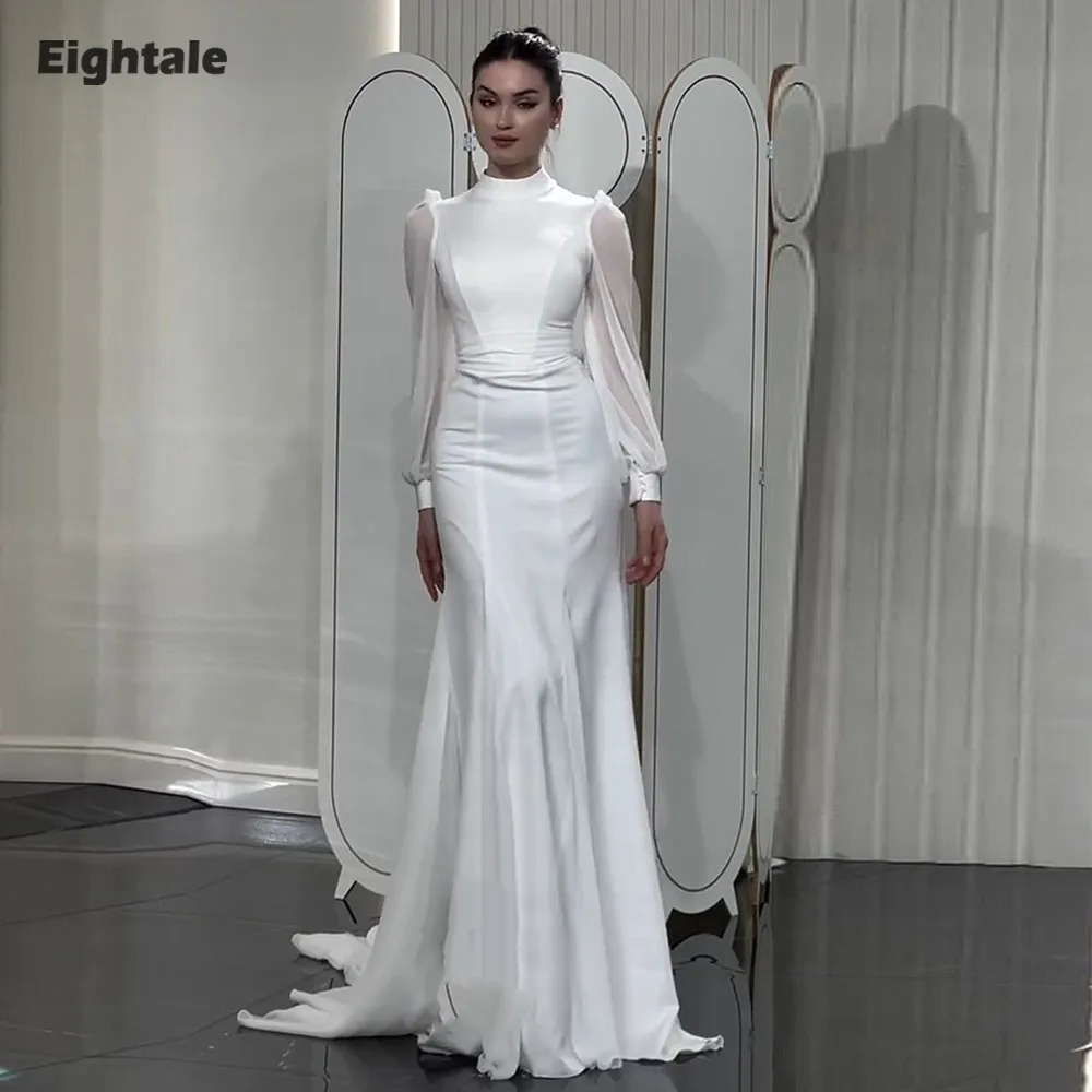 

Eightale Boho Wedding Dresses High Neck Long Sleeves Satin Chiffon Customized Mermaid Bridal Gowns Court Train vestidos de novia