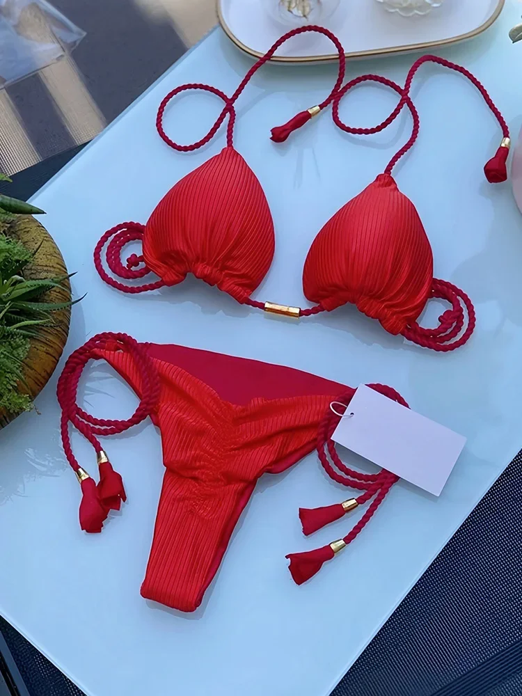 Conjunto de Bikinis con cordones lisos para mujer, traje de baño Sexy de 2 piezas, traje de baño dividido, Bikinis sin espalda de cintura alta, conjunto de Bikinis de estilo playero para verano 2025