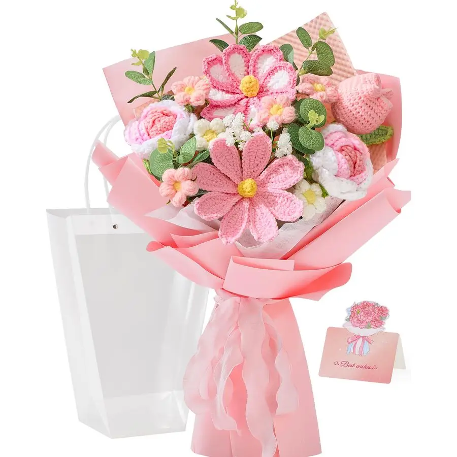 

Вязаный крючком букет цветов, розовые вязаные цветы ручной работы, вязаные тюльпаны и цветы галсанг для Дня святого Валентина, годовщины, дня рождения