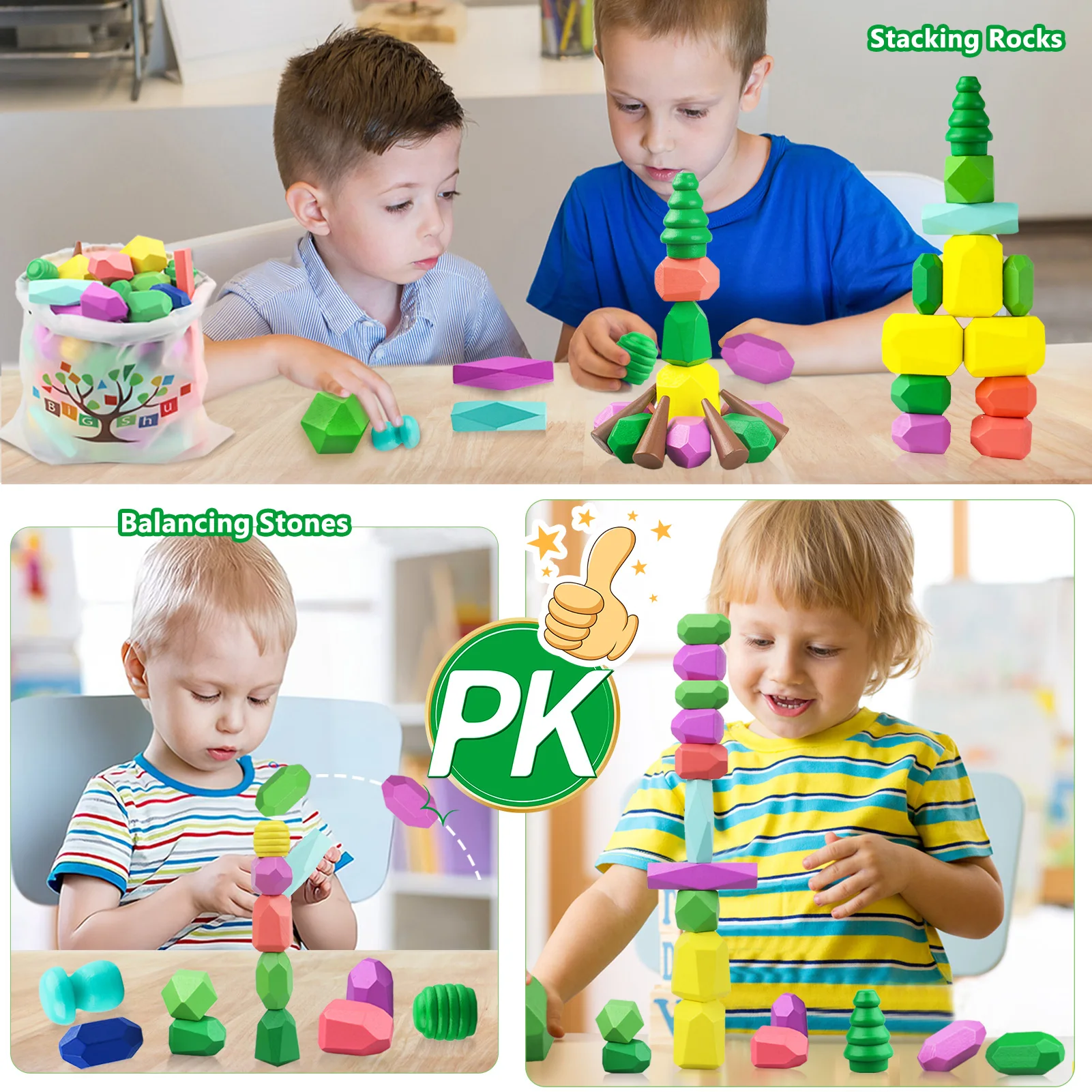 Juguetes Montessori de madera para niños y niñas, 36 bloques de apilamiento para 1, 2, 3, 4, 5 y 6 años, juguetes sensoriales preescolares, juguetes de aprendizaje STEM de 1-3 años