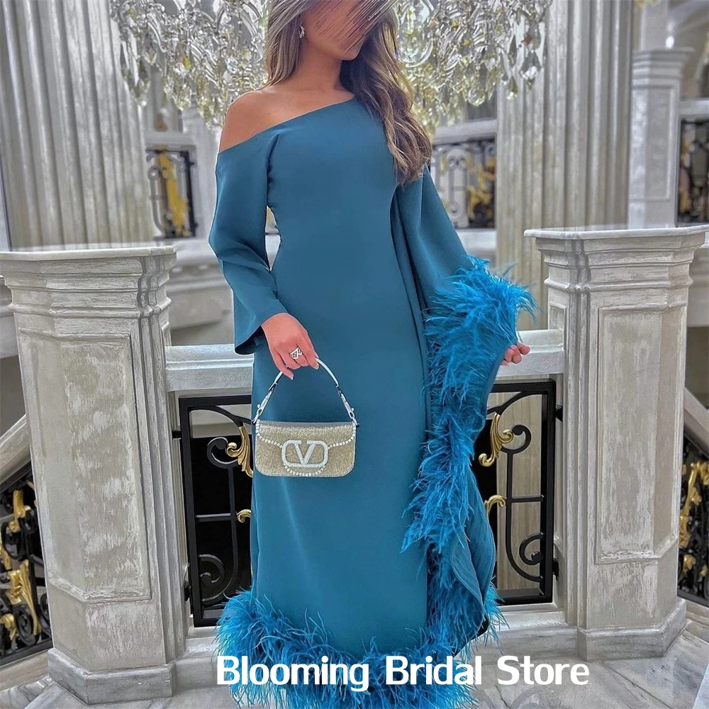 Sexy One Shoulder Blue Feathers Formal Gown Custom Made Spandex Long Arabic Prom Dresses for Women