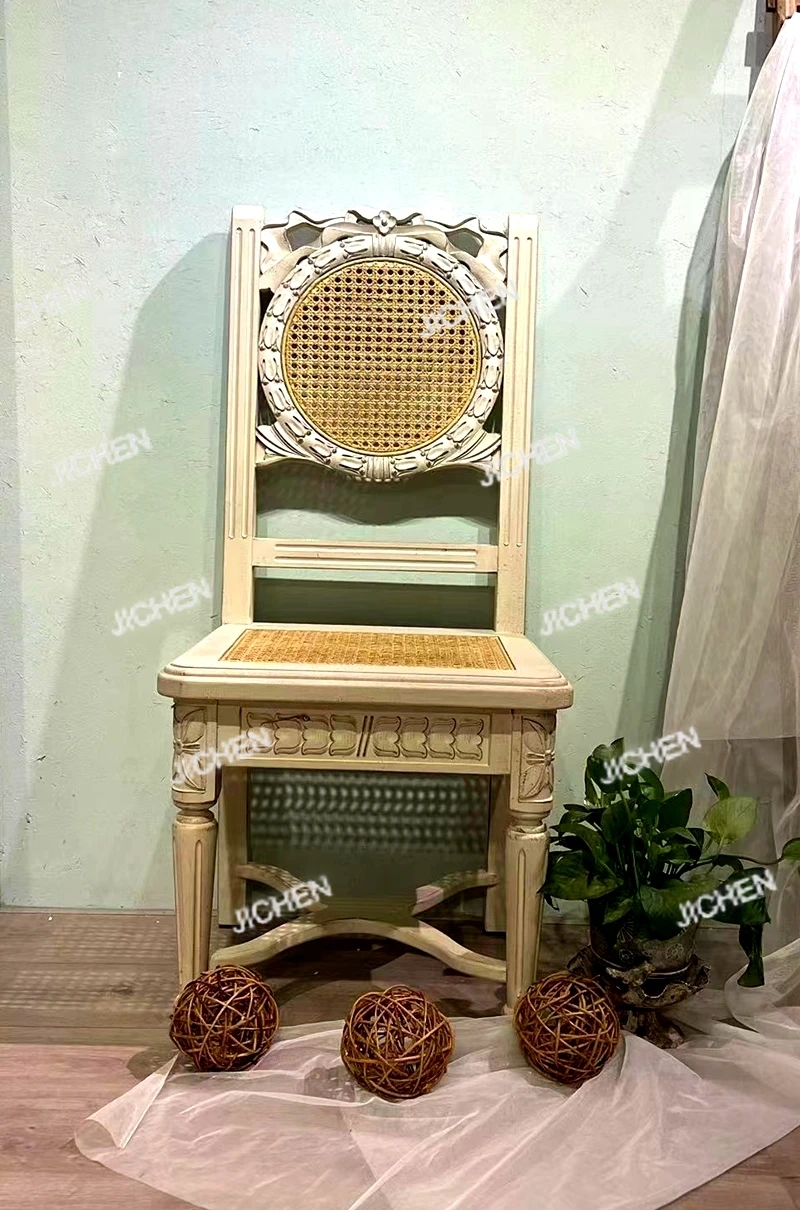 

JCX Высококачественная художественная мебель на заказ, европейский французский антикварный старинный резьба по дереву, цветок из ротанга, обеденный стул, стул для макияжа