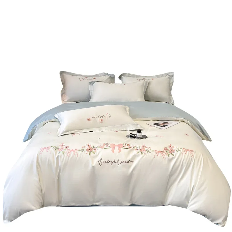 

High-end cotton four-piece set, pure cotton embroidered quilt cover, sheets, princess style, small fresh and light luxury style