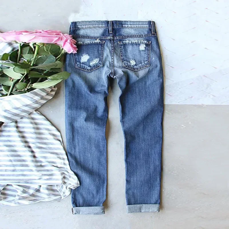 Denim Pants Women Jeans Washed Mid Waist Straight Trousers Y2k Streetwear Work Casual Distressed Patch Hole Sequins 2026