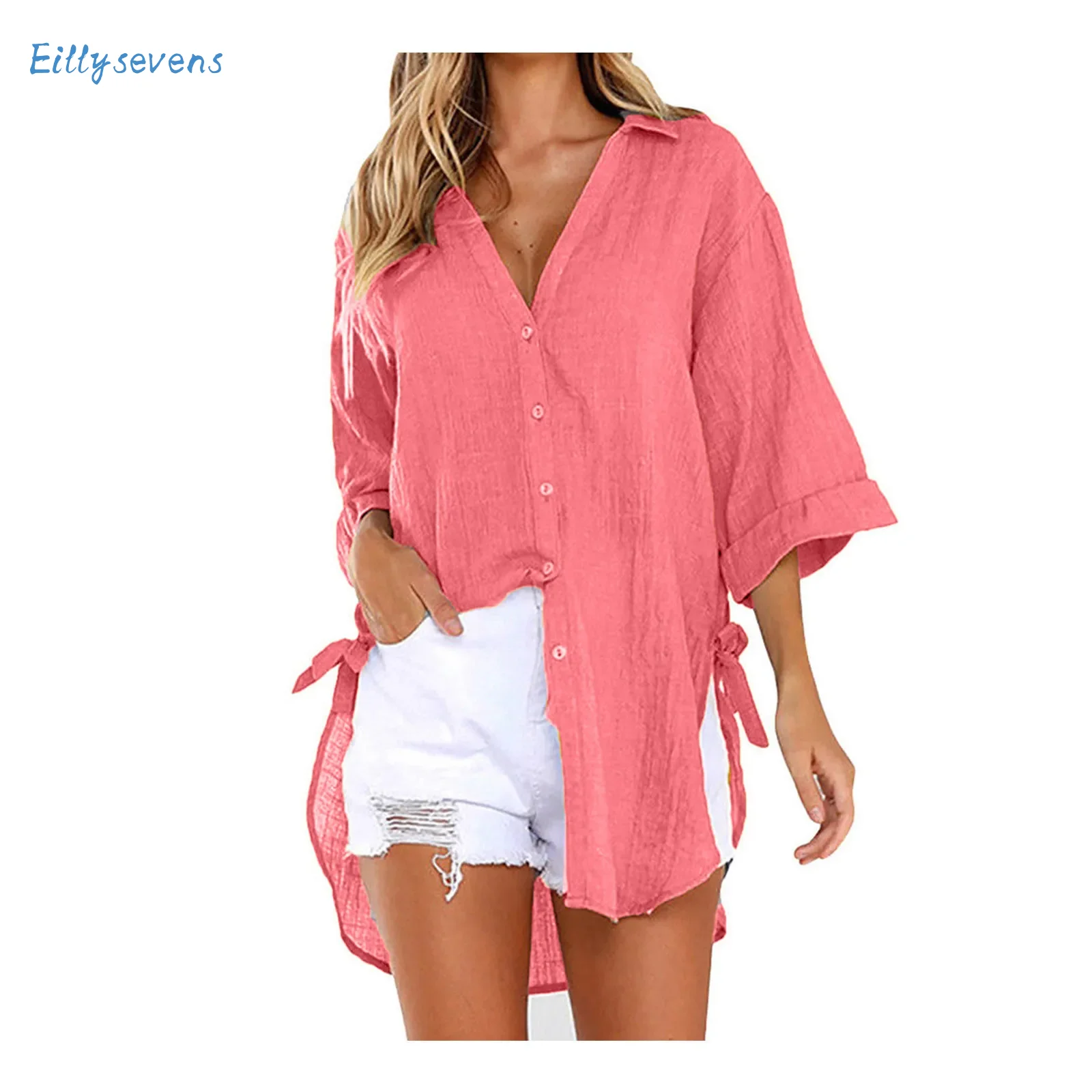 Women Causal Loose Shirts Summer Thin V Lapel Button Shirts Trend Classic Side Knotted Long Sleeve Shirt Irregular Long Style