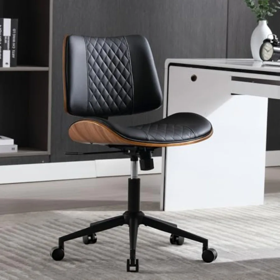 Home Office Chair No Arms with Wheels Adjustable Height Small Desk Chair PU Leather Mid Back 360 Swivel Computer Chair Armless