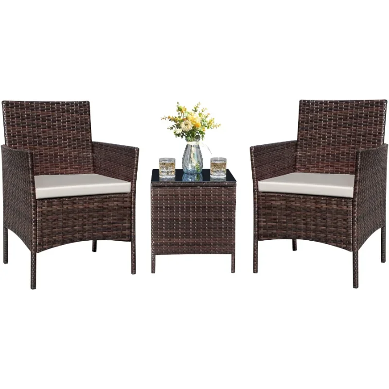 3 Pieces Patio Dining PE Rattan Wicker Chair Furniture Set with Cushion and Glass Coffee Table for Outdoor Garden