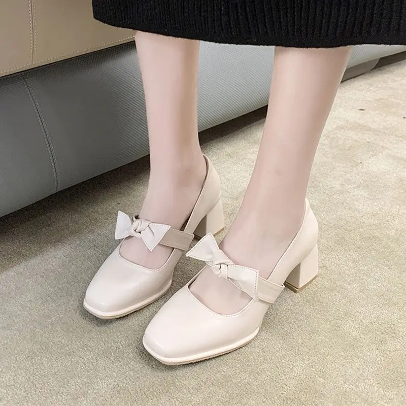 On Heeled with Bow Square Heels Japanese Style Lolita White High Mary Jane Gothic Shoes for Woman 2024 Women\'s Summer Footwear A